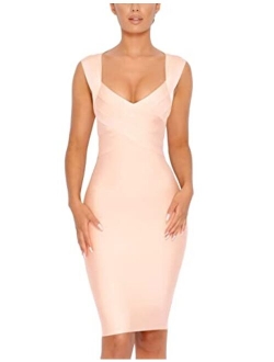 Women's V Neck Bodycon Dress Sexy Sleeveless Knee Length Party Club Bandage Dress