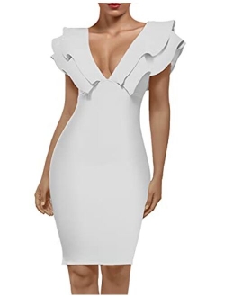 Women's Ruffle Short Sleeve Plunge V Neck Bodycon Dress Back Split Bandage Party Club Dress