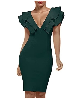 Women's Ruffle Short Sleeve Plunge V Neck Bodycon Dress Back Split Bandage Party Club Dress