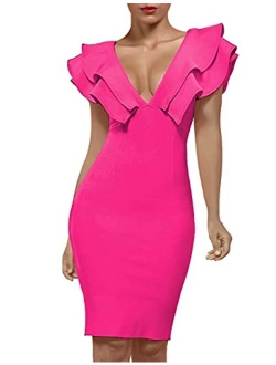 Women's Ruffle Short Sleeve Plunge V Neck Bodycon Dress Back Split Bandage Party Club Dress