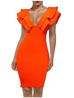 Women's Ruffle Short Sleeve Plunge V Neck Bodycon Dress Back Split Bandage Party Club Dress