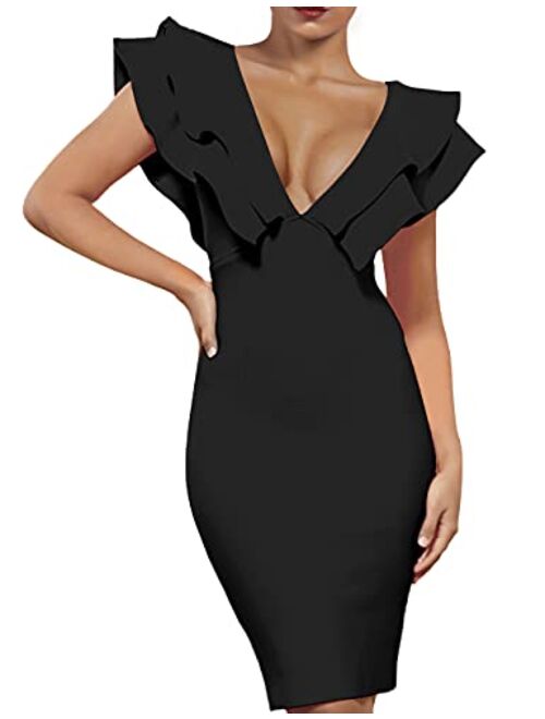 UONBOX Women's Ruffle Short Sleeve Plunge V Neck Bodycon Dress Back Split Bandage Party Club Dress