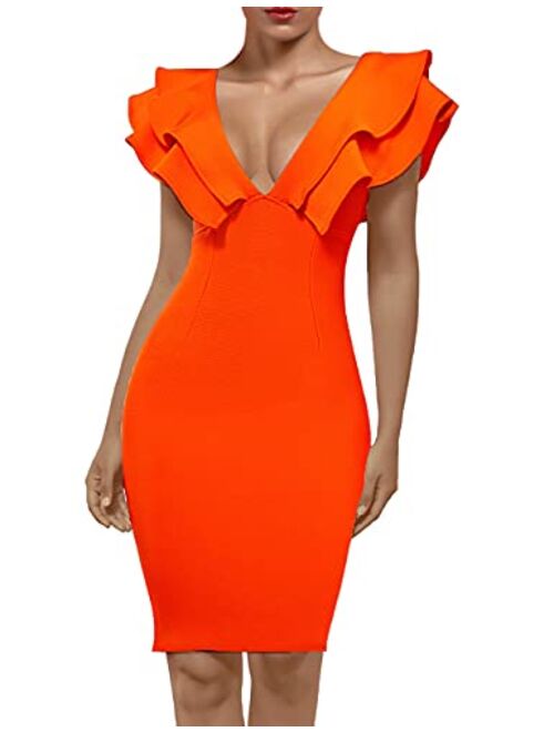 UONBOX Women's Ruffle Short Sleeve Plunge V Neck Bodycon Dress Back Split Bandage Party Club Dress