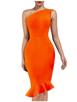 Women's One Shoulder Sleeveless Bodycon Dress Midi Mermaid Party Bandage Dress