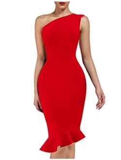 Women's One Shoulder Sleeveless Bodycon Dress Midi Mermaid Party Bandage Dress