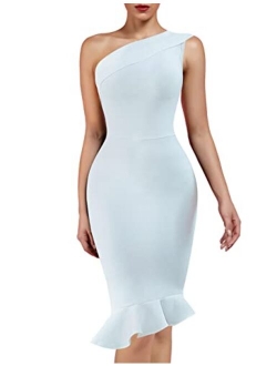 Women's One Shoulder Sleeveless Bodycon Dress Midi Mermaid Party Bandage Dress