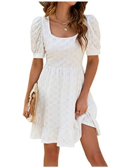 Womens White Dresses Short Sleeve V Neck Ruffle Cute Sun Dress Chiffon Flowy Shift Mini Dress