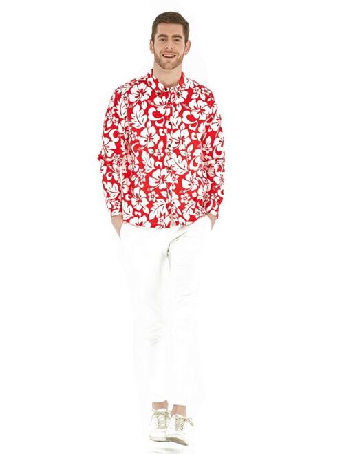 Hawaii Hangover Men's Hawaiian Shirt Aloha Shirt Classic Red Hibiscus Long Sleev