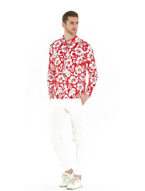 Hawaii Hangover Men's Hawaiian Shirt Aloha Shirt Classic Red Hibiscus Long Sleev