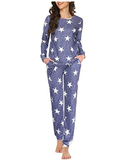 Womens Pajama Set Long Sleeve Sleepwear Star Print Nightwear Soft Pjs Lounge Sets with Pockets