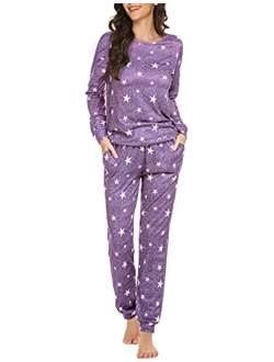 Womens Pajama Set Long Sleeve Sleepwear Star Print Nightwear Soft Pjs Lounge Sets with Pockets