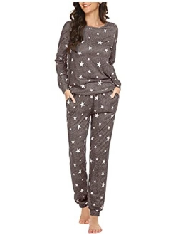 Womens Pajama Set Long Sleeve Sleepwear Star Print Nightwear Soft Pjs Lounge Sets with Pockets