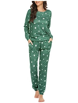 Womens Pajama Set Long Sleeve Sleepwear Star Print Nightwear Soft Pjs Lounge Sets with Pockets