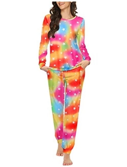 Womens Pajama Set Long Sleeve Sleepwear Star Print Nightwear Soft Pjs Lounge Sets with Pockets