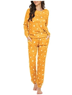 Womens Pajama Set Long Sleeve Sleepwear Star Print Nightwear Soft Pjs Lounge Sets with Pockets