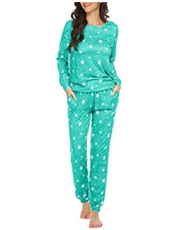 Womens Pajama Set Long Sleeve Sleepwear Star Print Nightwear Soft Pjs Lounge Sets with Pockets