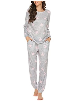 Womens Pajama Set Long Sleeve Sleepwear Star Print Nightwear Soft Pjs Lounge Sets with Pockets