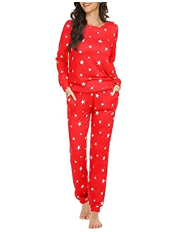 Womens Pajama Set Long Sleeve Sleepwear Star Print Nightwear Soft Pjs Lounge Sets with Pockets