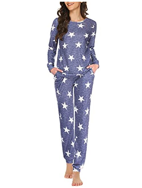 Ekouaer Womens Pajama Set Long Sleeve Sleepwear Star Print Nightwear Soft Pjs Lounge Sets with Pockets