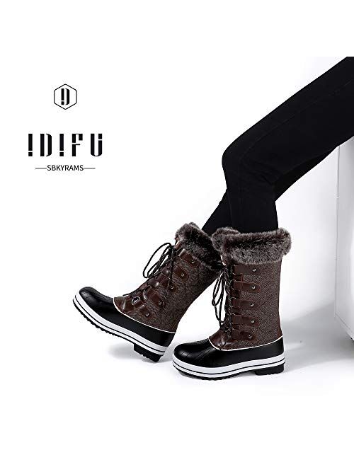 IDIFU Women's Warm Winter Snow Boots Waterproof Anti-Slip Mid-Calf Faux Fur Outdoor Shoes