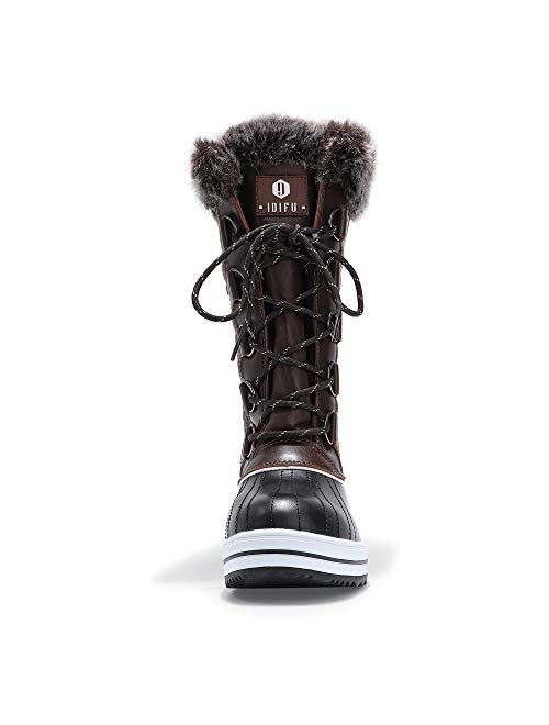 IDIFU Women's Warm Winter Snow Boots Waterproof Anti-Slip Mid-Calf Faux Fur Outdoor Shoes