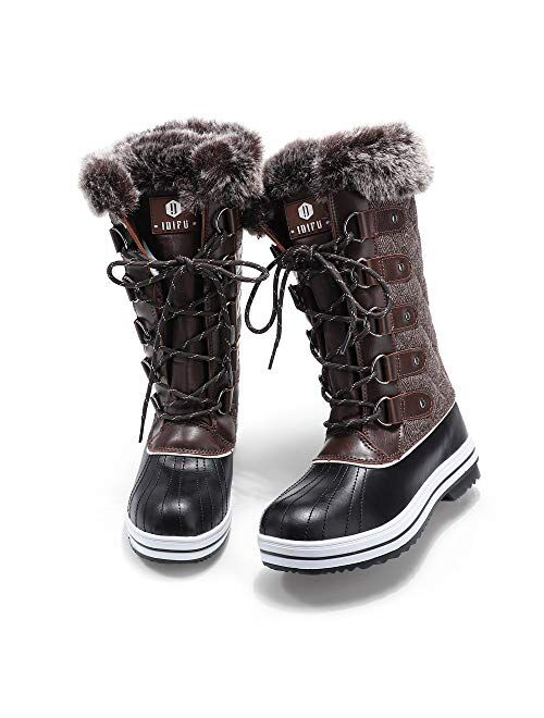 IDIFU Women's Warm Winter Snow Boots Waterproof Anti-Slip Mid-Calf Faux Fur Outdoor Shoes