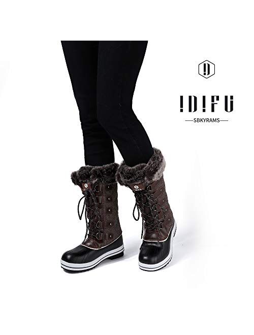 IDIFU Women's Warm Winter Snow Boots Waterproof Anti-Slip Mid-Calf Faux Fur Outdoor Shoes