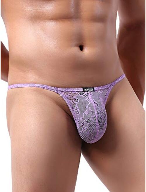 IKINGSKY Men's Lace See Throught G-String Underwear Sexy Low Rise Pouch Y-Back Thong Underpanties