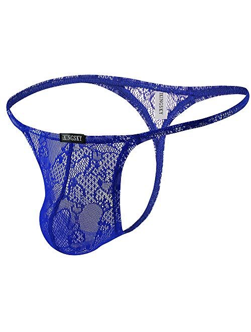 IKINGSKY Men's Lace See Throught G-String Underwear Sexy Low Rise Pouch Y-Back Thong Underpanties