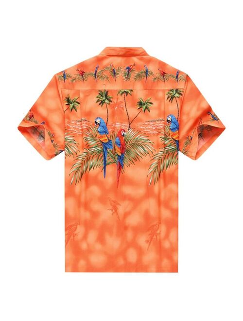 Made in Hawaii Men Hawaiian Aloha Shirt Luau Cruise Party Parrots Palm Orange