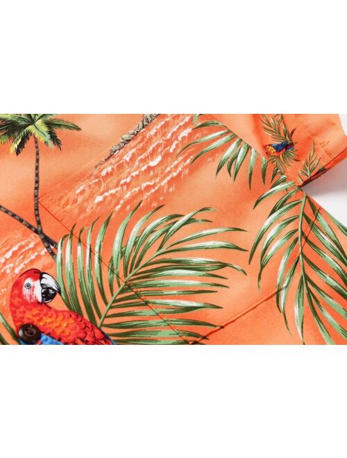 Made in Hawaii Men Hawaiian Aloha Shirt Luau Cruise Party Parrots Palm Orange