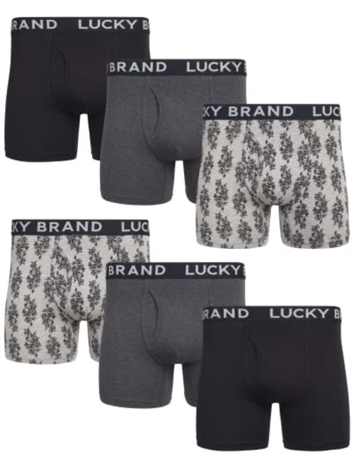 Lucky Brand Men's Underwear - Cotton Blend Stretch Boxer Briefs (6 Pack), Size Large, Black/Grey Print