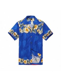 Men Tropical Hawaiian Aloha Shirt Cruise Luau Beach Party Blue Cross Floral YeL