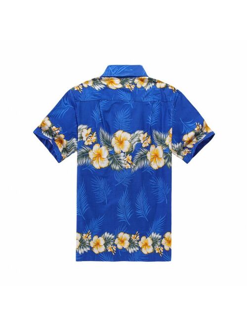 Men Tropical Hawaiian Aloha Shirt Cruise Luau Beach Party Blue Cross Floral YeL