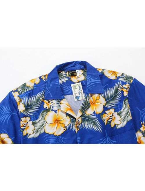 Men Tropical Hawaiian Aloha Shirt Cruise Luau Beach Party Blue Cross Floral YeL