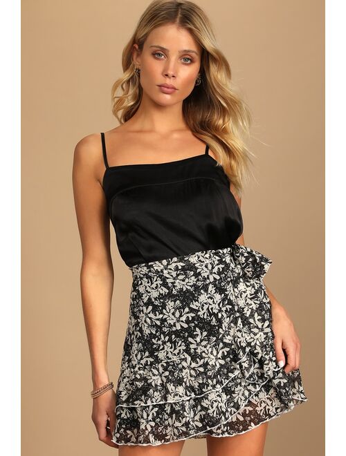 Lulus Be Blooming Black Floral Print Ruffled Faux-Wrap Mini Skirt