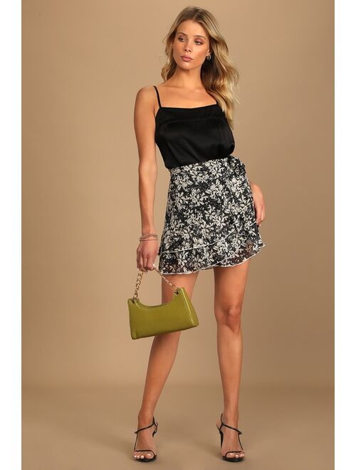 Lulus Be Blooming Black Floral Print Ruffled Faux-Wrap Mini Skirt