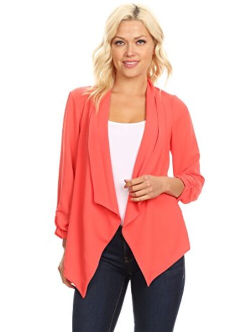 Heo Clothing Women's Solid Comfy Casual Office 3/4 Long Sleeve Open Front Blazer Jacket/Made in USA