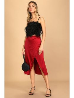 All Time Favorite Wine Red Satin Faux Wrap Midi Skirt