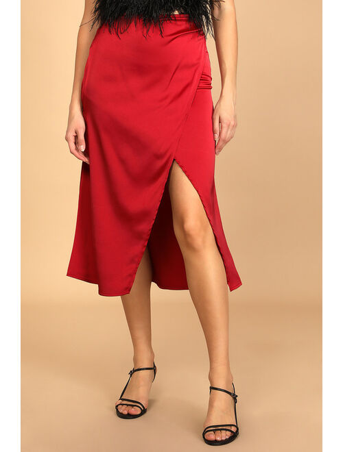 Lulus All Time Favorite Wine Red Satin Faux Wrap Midi Skirt