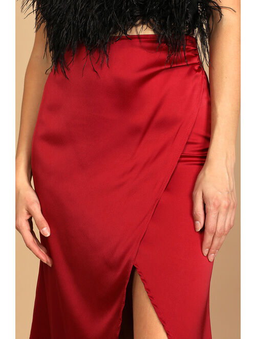 Lulus All Time Favorite Wine Red Satin Faux Wrap Midi Skirt