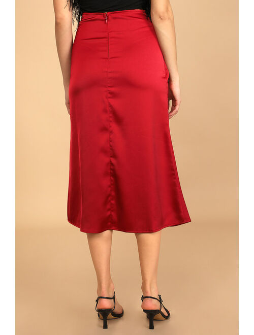 Lulus All Time Favorite Wine Red Satin Faux Wrap Midi Skirt