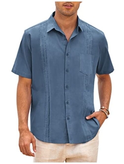 Men's Short Sleeve Linen Shirt Cuban Beach Tops Pocket Guayabera Shirts