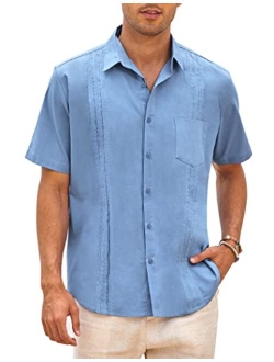 Men's Short Sleeve Linen Shirt Cuban Beach Tops Pocket Guayabera Shirts