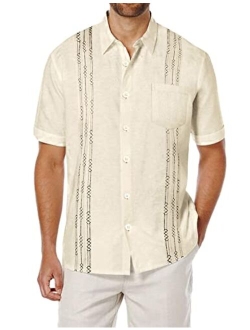 Men's Short Sleeve Linen Shirt Cuban Beach Tops Pocket Guayabera Shirts