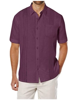 Men's Short Sleeve Linen Shirt Cuban Beach Tops Pocket Guayabera Shirts