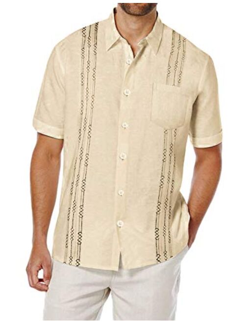 COOFANDY Men's Short Sleeve Linen Shirt Cuban Beach Tops Pocket Guayabera Shirts