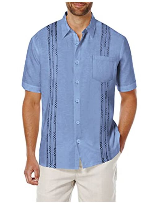 COOFANDY Men's Short Sleeve Linen Shirt Cuban Beach Tops Pocket Guayabera Shirts