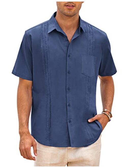 COOFANDY Men's Short Sleeve Linen Shirt Cuban Beach Tops Pocket Guayabera Shirts