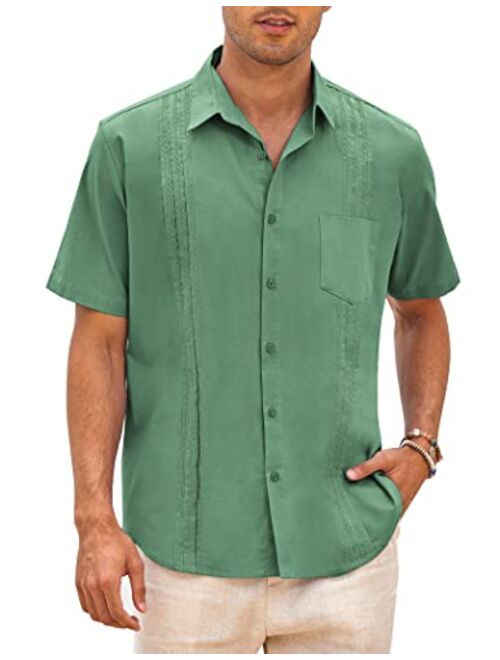 COOFANDY Men's Short Sleeve Linen Shirt Cuban Beach Tops Pocket Guayabera Shirts